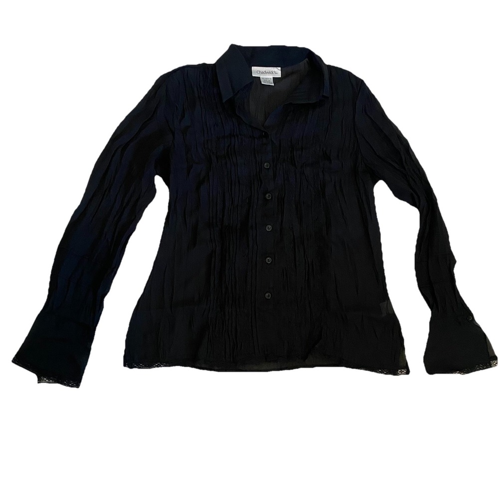 Chadwicks Blouse Cardigan 10‎ Sheer Black Long Sleeve Career Top Button Down
